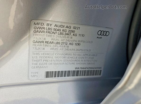 WA18AAF42MA049985 2021 AUDI A4 Silver VIN კოდის სტიკერის ხედი