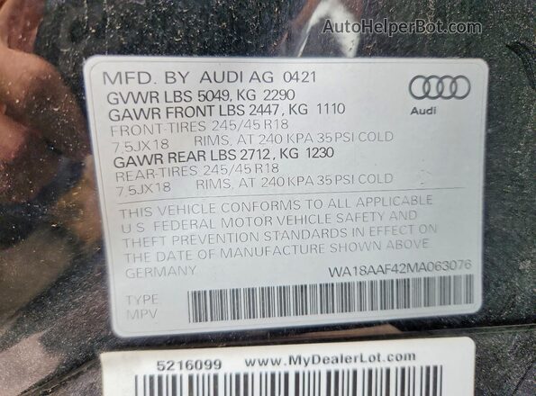 WA18AAF42MA063076 2021 AUDI A4 Black Widok naklejki z numerem VIN