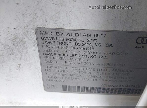 WA18NAF41HA178231 2017 AUDI ALLROAD White Շարժիչի բաժամունքի տեսք