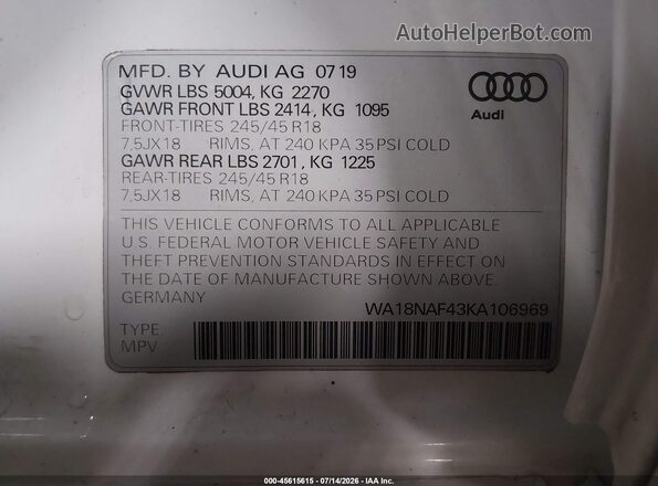 WA18NAF43KA106969 2019 AUDI OTHER White Vista del compartimento del motor