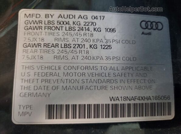 WA18NAF4XHA165056 2017 AUDI A4 Green VIN sticker view