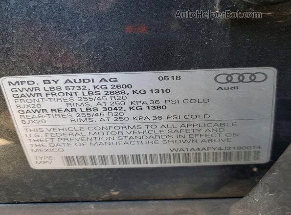 WA1A4AFY4J2180014 2018 AUDI SQ5 Charcoal Vista de la etiqueta del VIN