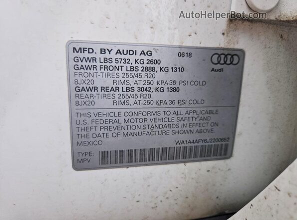 WA1A4AFY6J2200652 2018 AUDI SQ5 White Vista interior de 360 grados