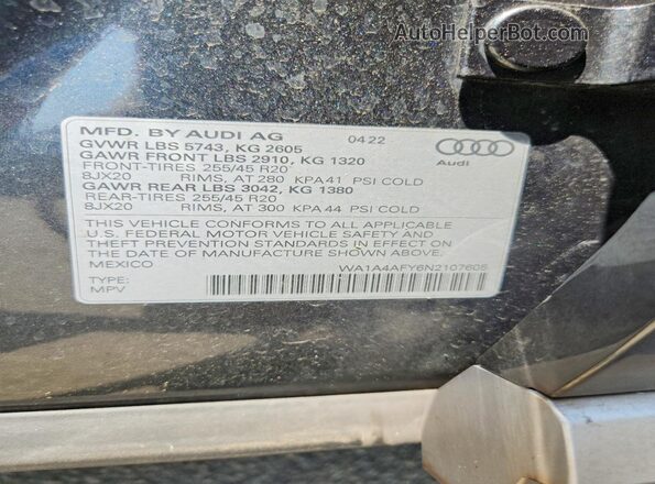 WA1A4AFY6N2107605 2022 AUDI SQ5 Gray Widok naklejki z numerem VIN