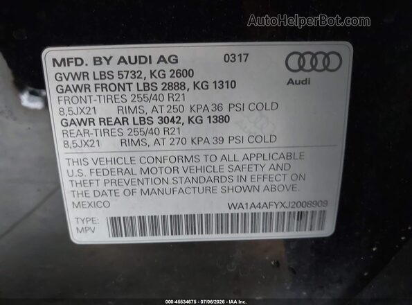 WA1A4AFYXJ2008909 2018 AUDI SQ5 Черный Вид подкапотного пространства