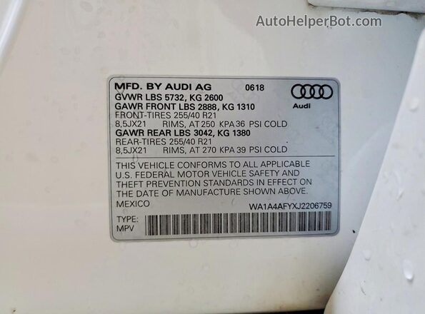 WA1A4AFYXJ2206759 2018 AUDI SQ5 White Панорамний вид салону 360°