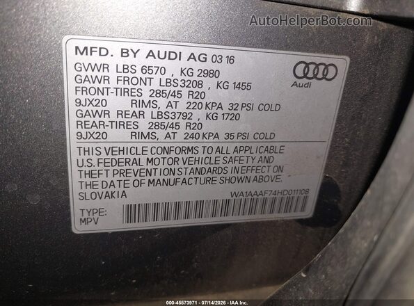 WA1AAAF74HD011108 2017 AUDI Q7 Gray ძრავის განყოფილების ხედი