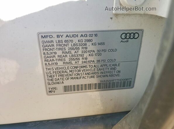 WA1AAAF77HD008171 2017 AUDI Q7 White Vista de la etiqueta del VIN