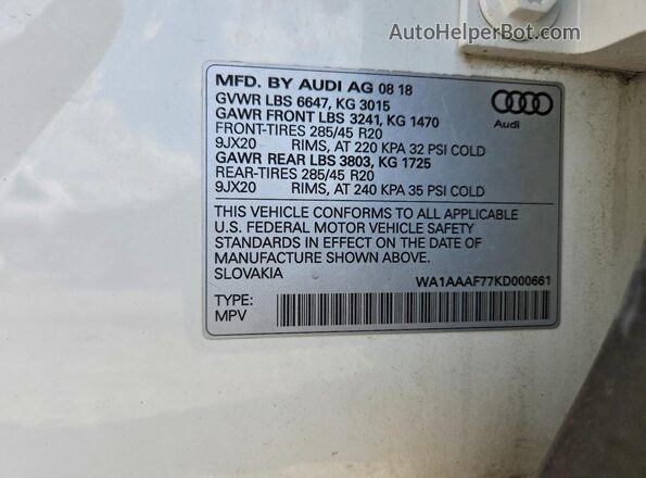 WA1AAAF77KD000661 2019 AUDI Q7 Белый Вид наклейки с VIN-кодом