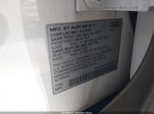 WA1AAAF77KD006976 2019 AUDI Q7 White Vista del compartimento del motor