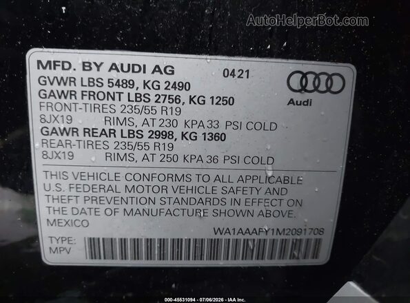 WA1AAAFY1M2091708 2021 AUDI Q5 Black Շարժիչի բաժամունքի տեսք