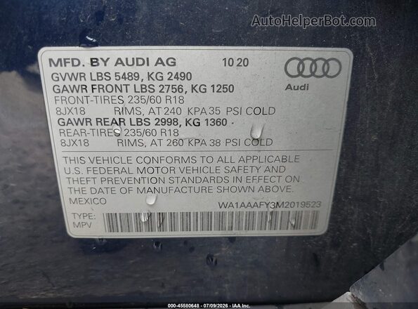 WA1AAAFY3M2019523 2021 AUDI Q5 Синий Вид подкапотного пространства