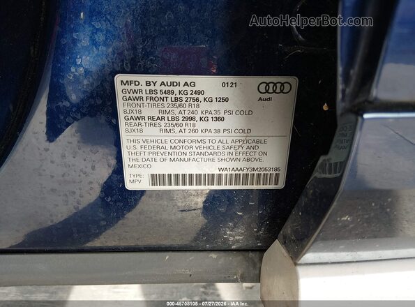 WA1AAAFY3M2053185 2021 AUDI Q5 Синий Вид подкапотного пространства