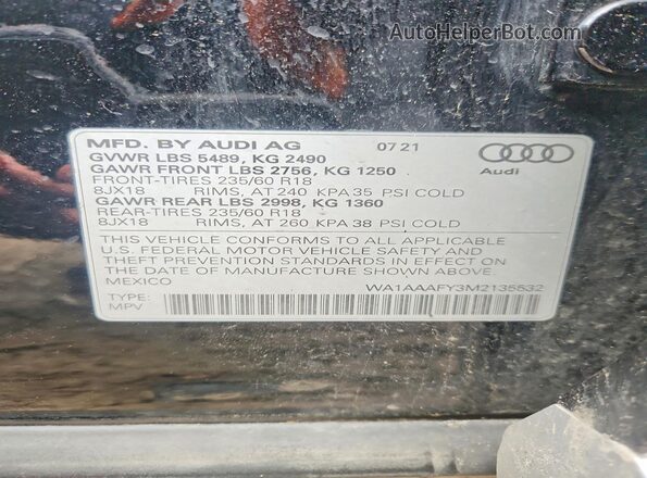 WA1AAAFY3M2135532 2021 AUDI Q5 Black Вид наклейки з VIN-кодом