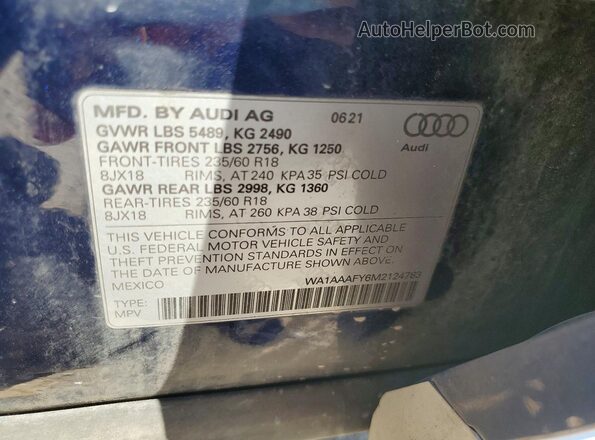 WA1AAAFY6M2124783 2021 AUDI Q5 Blue Widok naklejki z numerem VIN