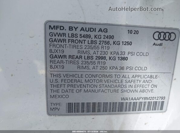 WA1AAAFY8M2012793 2021 AUDI Q5 White Շարժիչի բաժամունքի տեսք