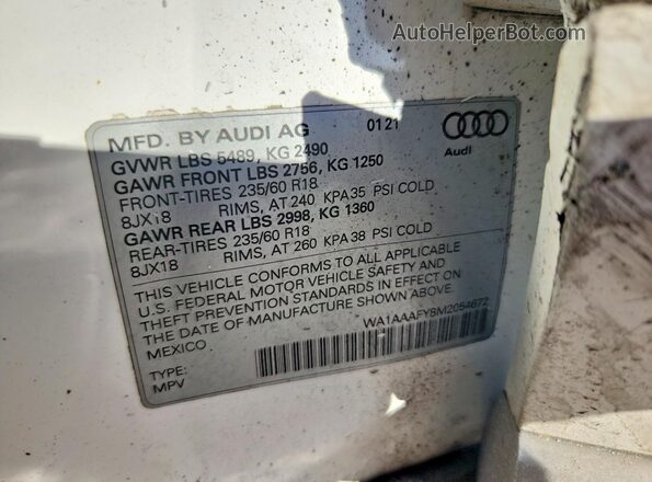 WA1AAAFY8M2054672 2021 AUDI Q5 White VIN კოდის სტიკერის ხედი