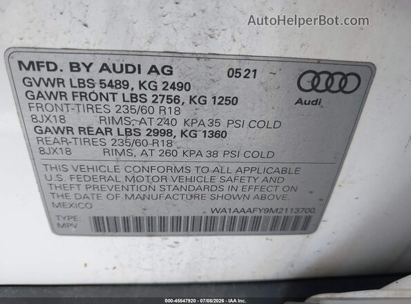 WA1AAAFY9M2113700 2021 AUDI Q5 White Engine compartment view