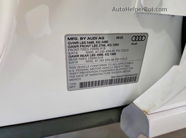 WA1AAAFYXM2004209 2021 AUDI Q5 Белый Панорамный вид салона 360°
