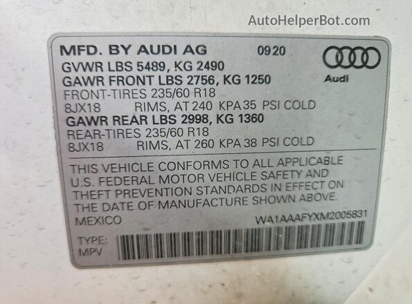 WA1AAAFYXM2005831 2021 AUDI Q5 White Vista de la etiqueta del VIN