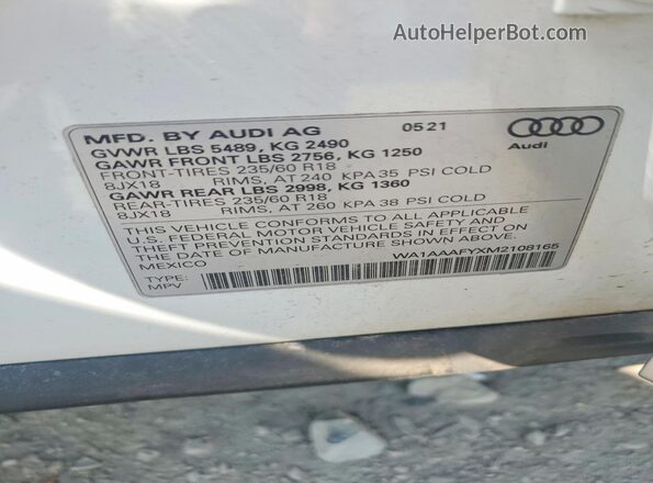 WA1AAAFYXM2108165 2021 AUDI Q5 White Vista de la etiqueta del VIN