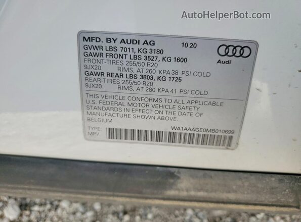 WA1AAAGE0MB010699 2021 AUDI E-TRON White Widok naklejki z numerem VIN