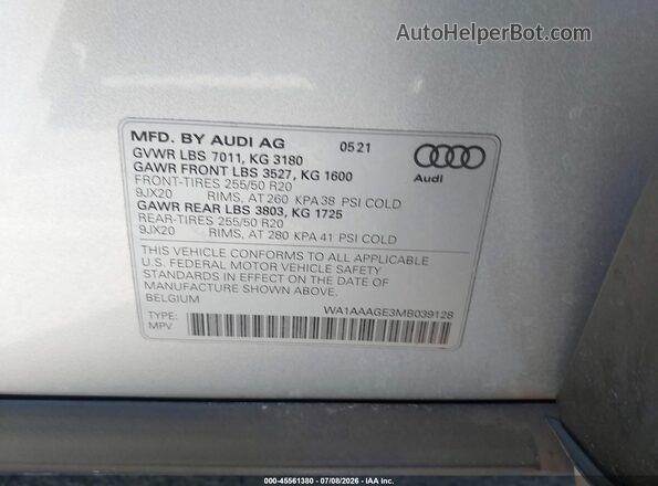 WA1AAAGE3MB039128 2021 AUDI E-TRON Silver Widok komory silnika