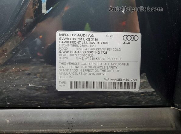 WA1AAAGE5MB010701 2021 AUDI E-TRON Gray VIN sticker view