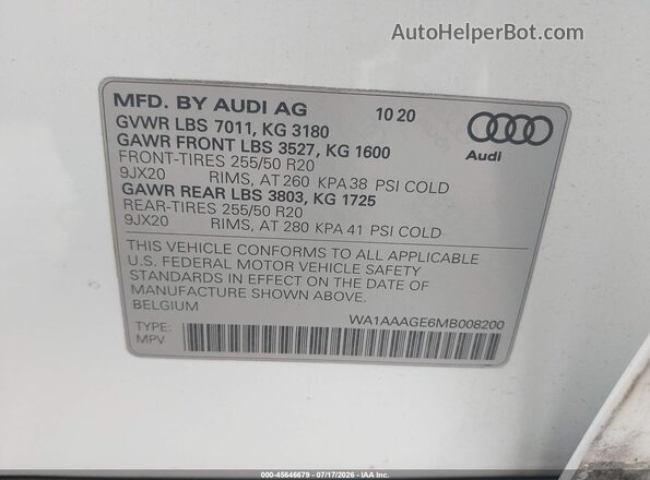 WA1AAAGE6MB008200 2021 AUDI E-TRON Белый Вид подкапотного пространства