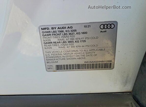 WA1AAAGE6NB012586 2022 AUDI E-TRON White Widok naklejki z numerem VIN