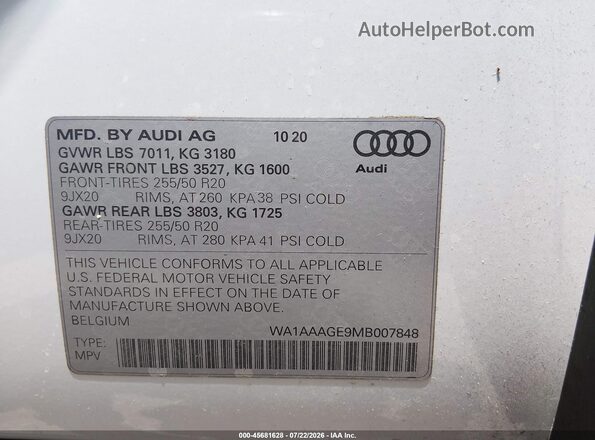 WA1AAAGE9MB007848 2021 AUDI E-TRON Белый Вид подкапотного пространства