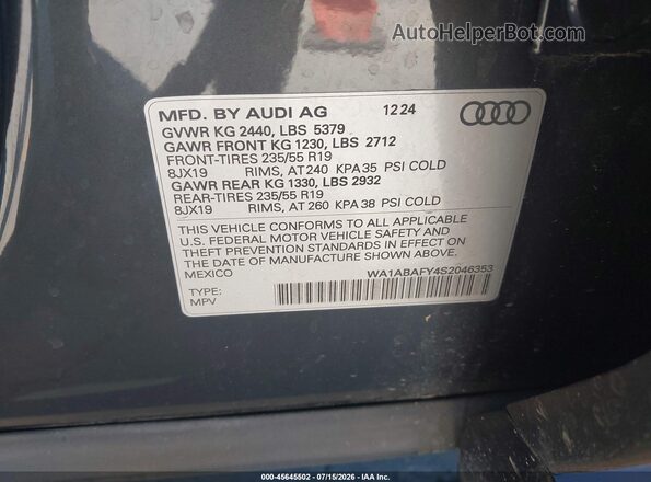 WA1ABAFY4S2046353 2025 AUDI Q5 Gray Widok komory silnika