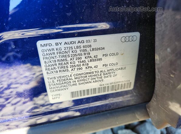 WA1ACBFZ2PP050004 2023 AUDI Q4 Blue Widok naklejki z numerem VIN