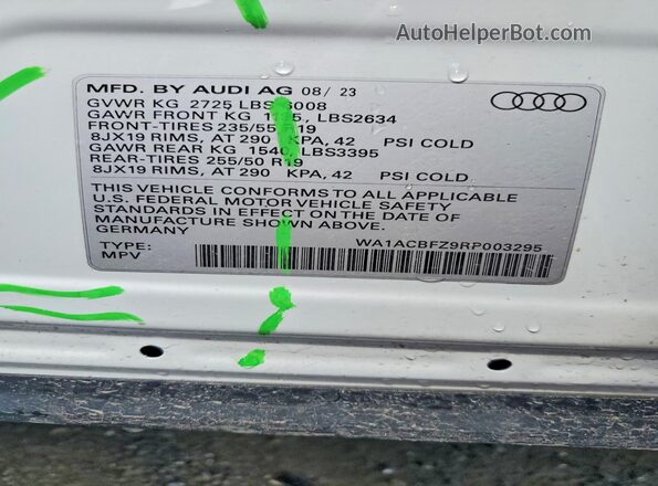 WA1ACBFZ9RP003295 2024 AUDI Q4 White VIN კოდის სტიკერის ხედი