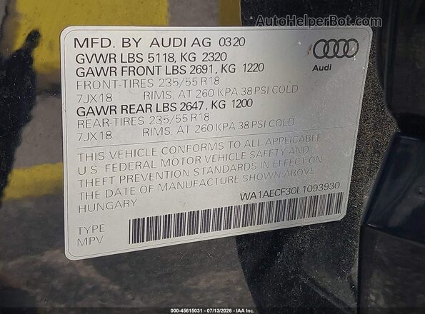 WA1AECF30L1093930 2020 AUDI Q3 Black ძრავის განყოფილების ხედი