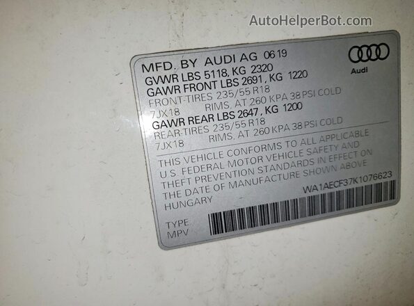 WA1AECF37K1076623 2019 AUDI Q3 White VIN կոդի պիտակի տեսք