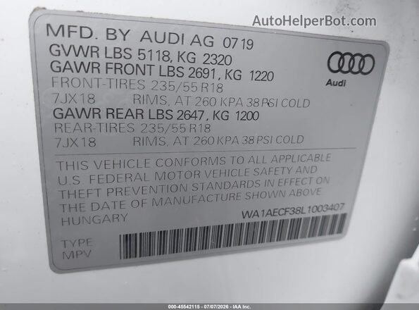 WA1AECF38L1003407 2020 AUDI Q3 White Вид підкапотного простору