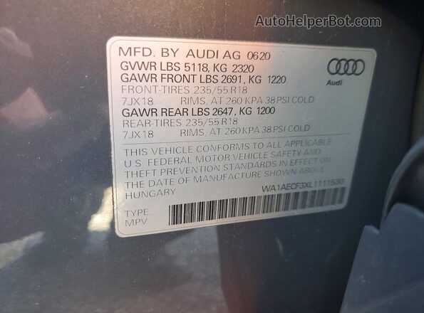 WA1AECF3XL1111530 2020 AUDI Q3 Gray VIN კოდის სტიკერის ხედი