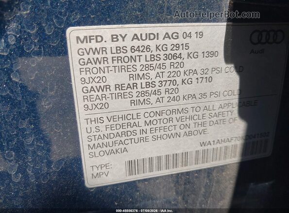 WA1AHAF70KD041502 2019 AUDI Q7 Blue Շարժիչի բաժամունքի տեսք