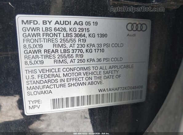 WA1AHAF72KD045406 2019 AUDI Q7 Black Vista del compartimento del motor