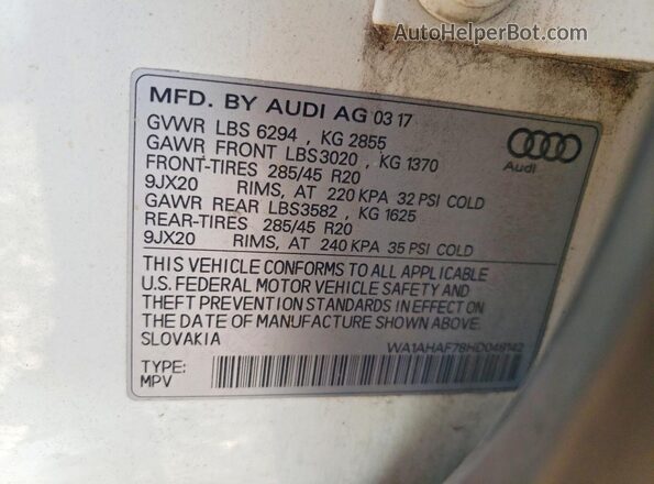 WA1AHAF78HD048142 2017 AUDI Q7 White VIN sticker view