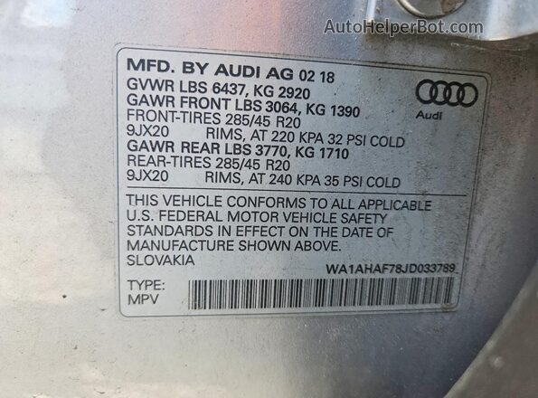 WA1AHAF78JD033789 2018 AUDI Q7 Silver VIN sticker view