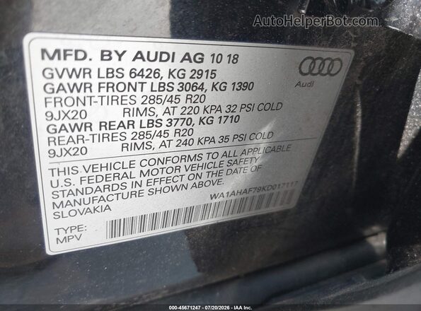WA1AHAF79KD017117 2019 AUDI Q7 Black Շարժիչի բաժամունքի տեսք