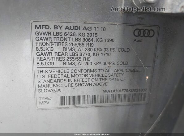 WA1AHAF79KD021832 2019 AUDI Q7 Silver Engine compartment view