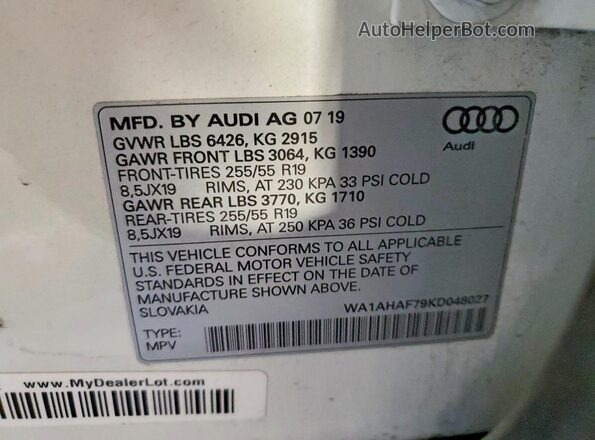 WA1AHAF79KD048027 2019 AUDI Q7 White Вид наклейки з VIN-кодом