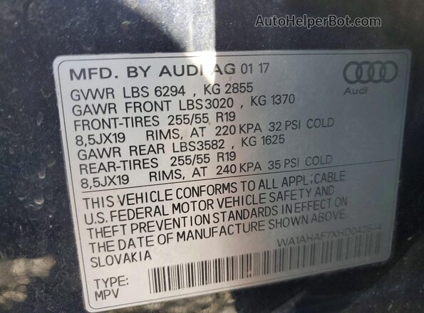WA1AHAF7XHD042844 2017 AUDI Q7 Blue VIN კოდის სტიკერის ხედი