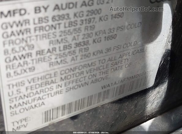 WA1AJAF70MD034184 2021 AUDI Q7 Black ძრავის განყოფილების ხედი