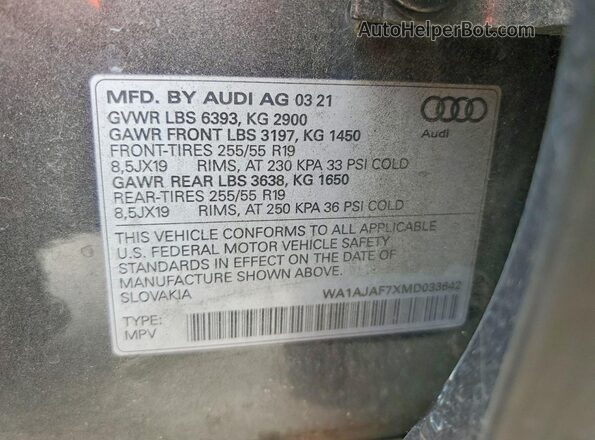 WA1AJAF7XMD033642 2021 AUDI Q7 Gray VIN կոդի պիտակի տեսք