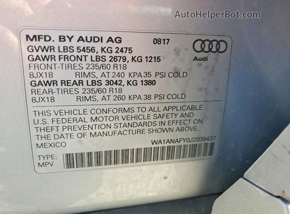 WA1ANAFY0J2039437 2018 AUDI Q5 Silver VIN կոդի պիտակի տեսք