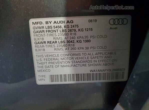 WA1ANAFY0L2005923 2020 AUDI Q5 Gray Вид наклейки з VIN-кодом